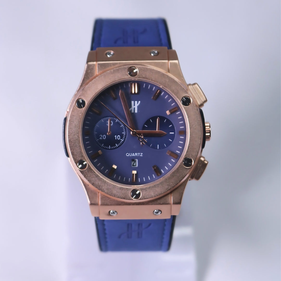 Hublot Men's Watch Blue Straps and Blue Dial with gold ring.