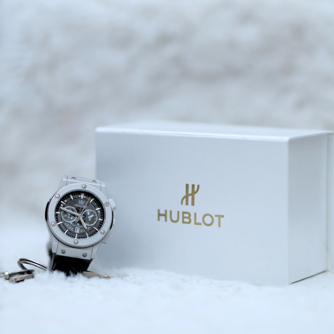 Hublot Men's Watch: Gray Straps, Black Dial.