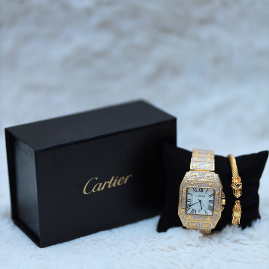 Cartier Watch White Dial With Golden Dragon Bracelet